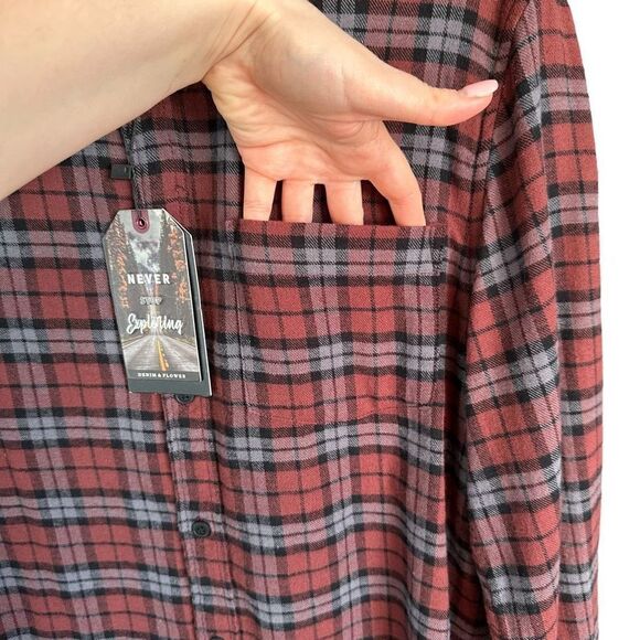 NWT Denim & Flower Plaid Button Down Cotton Flanel Burgundy Maroon - Picture 5 of 10
